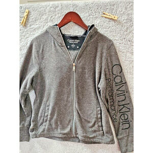Calvin Klein Women's Fleece Jacket Size Medium Grey Full Zip Long-Sleeve‎ Logo